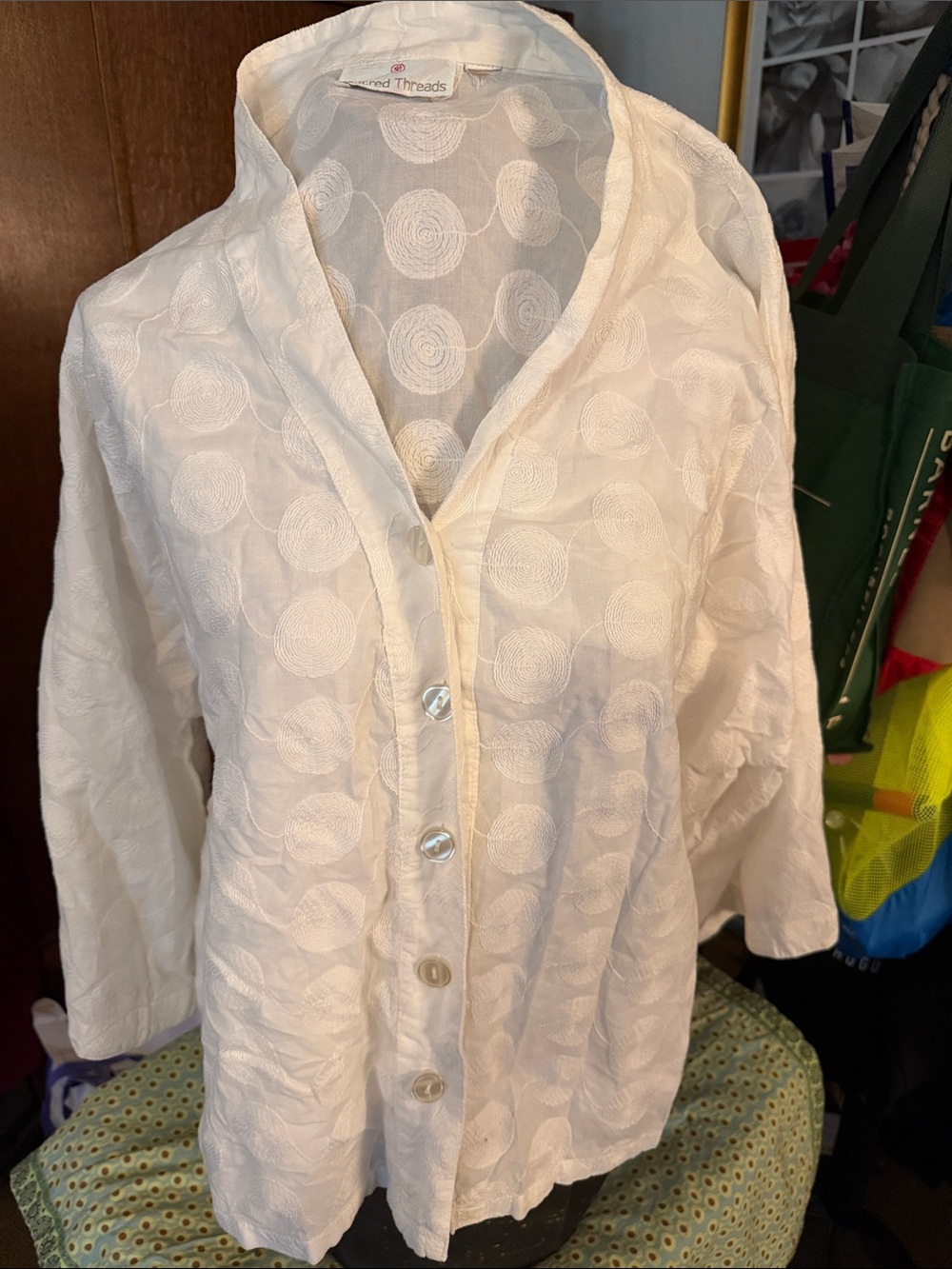 Sacred Threads White Womens Shirt with Embroidered Circular Pattern